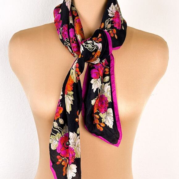 Scarf Womens Classy Fashion Pink Black Floral Chic Silky Polyester 30" Square - Picture 7 of 10